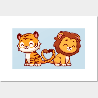 Cute Lion And Tiger Couple With Love Heart Tail Cartoon Posters and Art